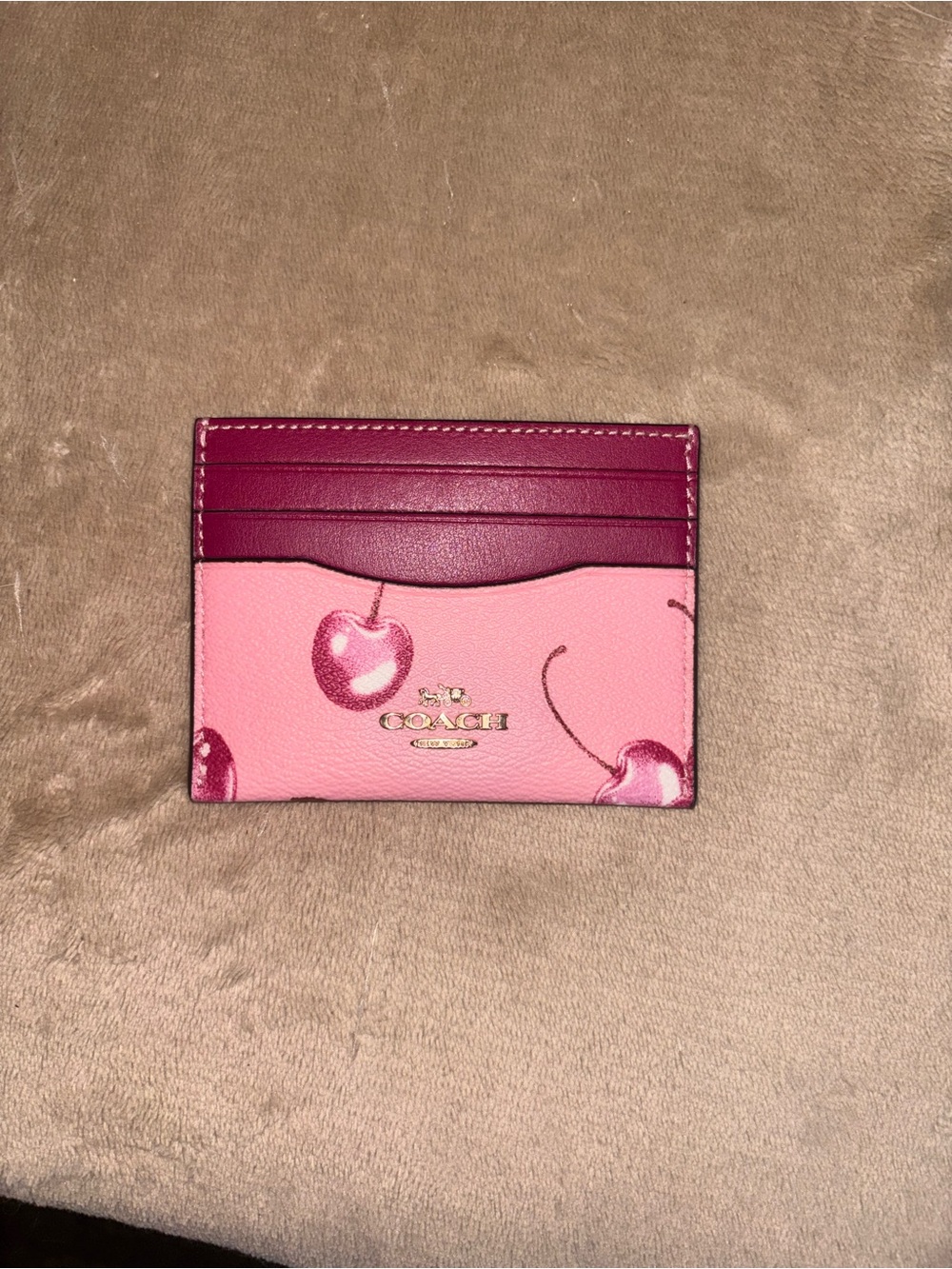 COACH Pink Cherry Print Leather Cardholder with Magenta Top